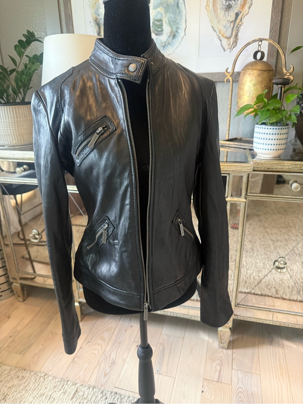 Black Leather Moto Jacket - Women's Zip Front